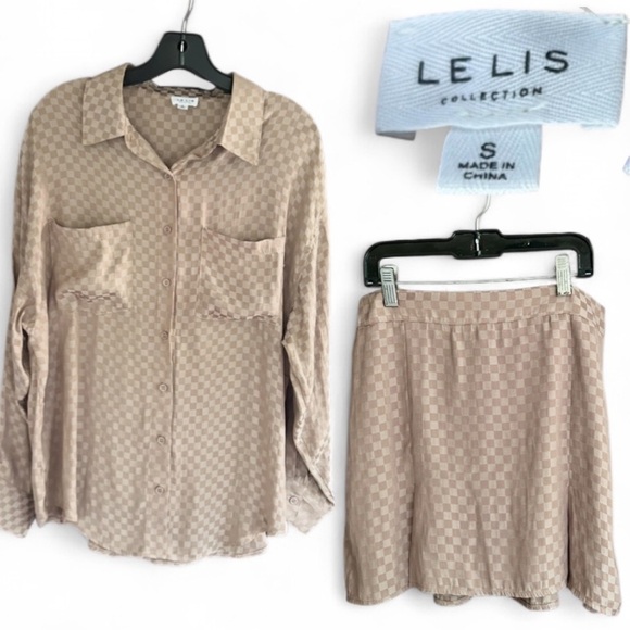 LE LIS Taupe Satin Checker Coord Set Long Sleeve Button Down Mini Skirt | Size S - Picture 1 of 16